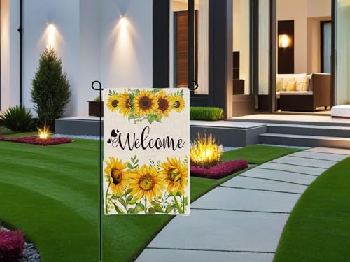 Double Sided Summer Garden Flag - Seasonal Large Outdoor Yard Flags of Burlap - Banner Welcome Summer or Spring - Outside Garden Yard Decorations - Welcome Flower Summer Outdoors Flag
