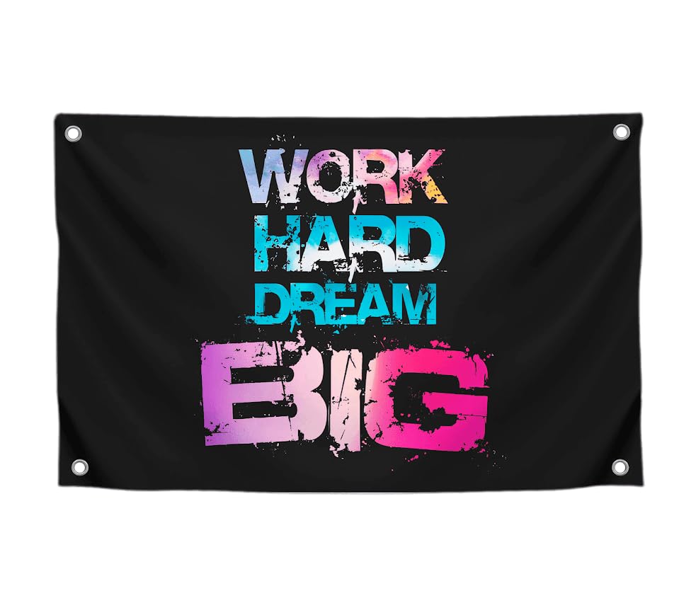 3x5 Feet Black Motivation Quoted Polyester Flag "Work Hard Dream Big" with Four Brass Grommets - Large Motivational Quote Wall Flag for Home Gym Decor - Banner Room Decor Aesthetic for Ofiice