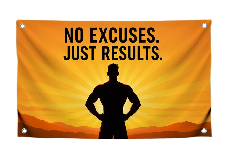 3x5 Feet Motivational Flags with Quote "No Excuses Just Results" with 4 Brass Grommets - Single Sided Cool Poster for Gym and Dorm Room College - Polyester Wall Tapestry Decoration for Gyus