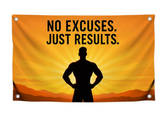 3x5 Feet Motivational Flags with Quote "No Excuses Just Results" with 4 Brass Grommets - Single Sided Cool Poster for Gym and Dorm Room College - Polyester Wall Tapestry Decoration for Gyus