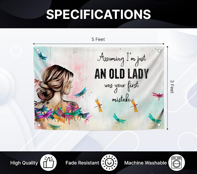 3x5 Ft Birthday Single Sided Polyester Flag "Assuming I'm Just An Old Lady Was Your First Mistake" with 4 Grommets - Funny Birthday Decor for Wall Living Room - Women Hippie Boho Banner for Badroom