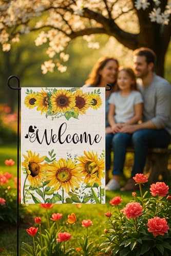 Double Sided Summer Garden Flag - Seasonal Large Outdoor Yard Flags of Burlap - Banner Welcome Summer or Spring - Outside Garden Yard Decorations - Welcome Flower Summer Outdoors Flag