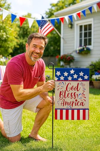 Double Sided Summer Garden Flag - God Bless America House Flags - Seasonal Large Outdoor Yard Flags of Burlap - Patriotic Flag Decorations for Home - Outdoor Decorative Banners for Yard