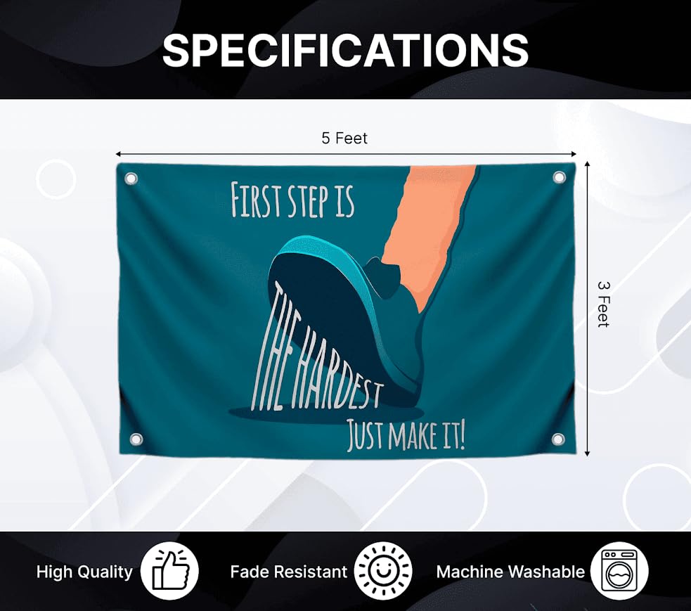 3x5 Ft Motiv Quote Polyester Flag First Step Is The Hardetst Just Make It! with Four Brass Grommets - Inspire Your Workout with this Banner - Perfect Fitnes Wall Decor - Stay Motivated with Cool Flag
