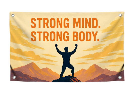3x5 Feet Wall Flags with Quote Motivational "Strong Mind Strong Body" with Four Brass Grommets - Single Sided Cool Funny Banner for Gym Decor and College Room - Polyester Wall Tapestry for Office