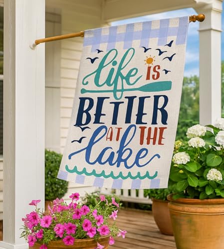 Double Sided Summer Garden Flag - Banner Life Is Better At The Lake - Holiday Yard Outdoor Decoration - Seasonal Large Outdoor Yard Flags of Burlap - Welcome Summer Flags for Outdoor