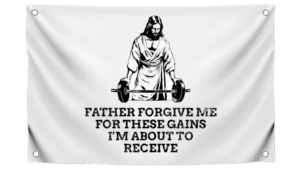 3x5 Ft Jesus Quote Polyester Flag "Father Forgive Me For These Gains I’m About To Receive" with 4 Grommets - Motivational Christian Wall Single Sided Banner - Cool Jesus Flags for Decor Boys Room
