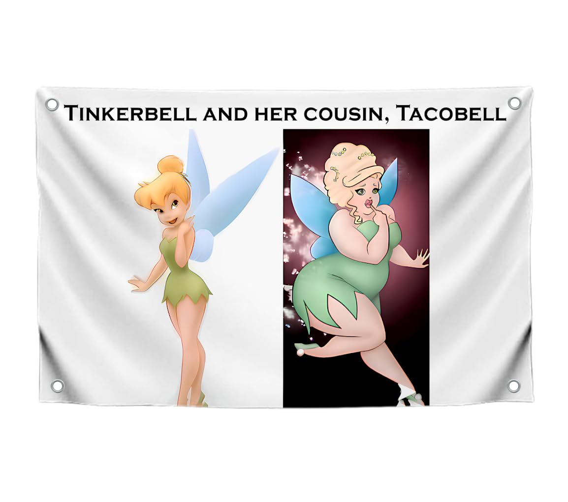 3x5 Feet Funny Fairy Quoted Flag "Tinkerbell and Her and Cousin, Tacobell" with Four Brass Grommets - Tapestry Polyester Funny Fairy Outdoor or Indoor Flag - Wall Decorations Meme Flag