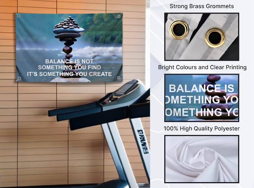 3x5 Feet Motiv Polyester Wall Single Sided Flags with 4 Grommets - Balance is Not Something You Find Create It’s Something You Create Motivation Quote - Inspirational Office or Classroom Wall Decor