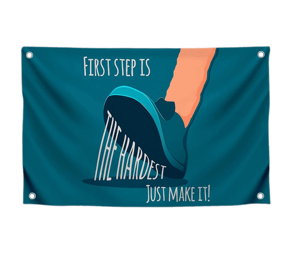3x5 Ft Motiv Quote Polyester Flag First Step Is The Hardetst Just Make It! with Four Brass Grommets - Inspire Your Workout with this Banner - Perfect Fitnes Wall Decor - Stay Motivated with Cool Flag