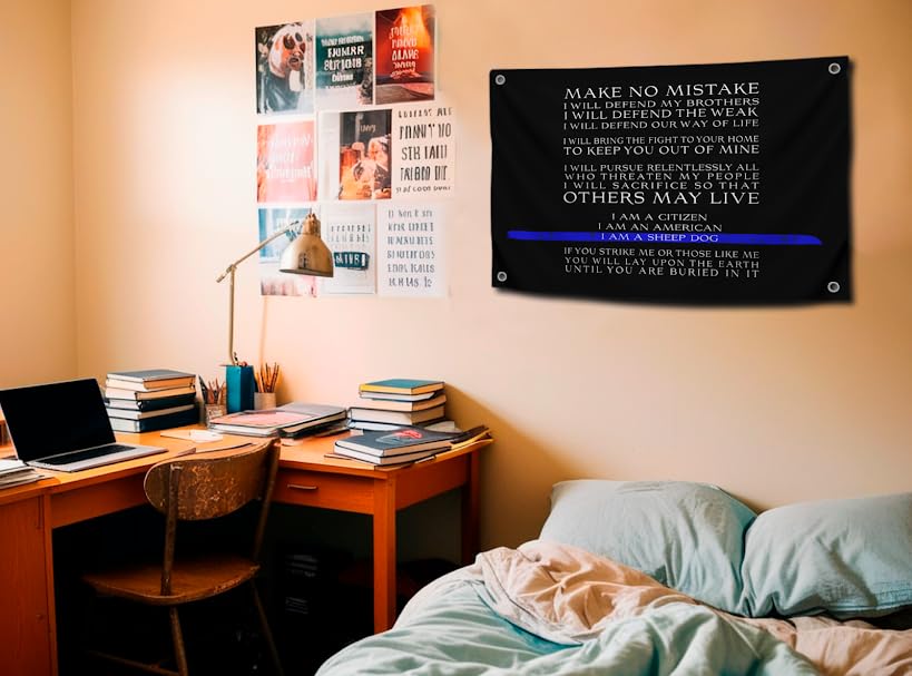 3x5 Ft Thin Blue Line Polyester Flag with I am a Sheep Dog Quote with 4 Grommets - Enforcement Police Officer Deputy Sheriff Trooper Motiv Single Sided Flag - Motivational Wall Decorations for Room