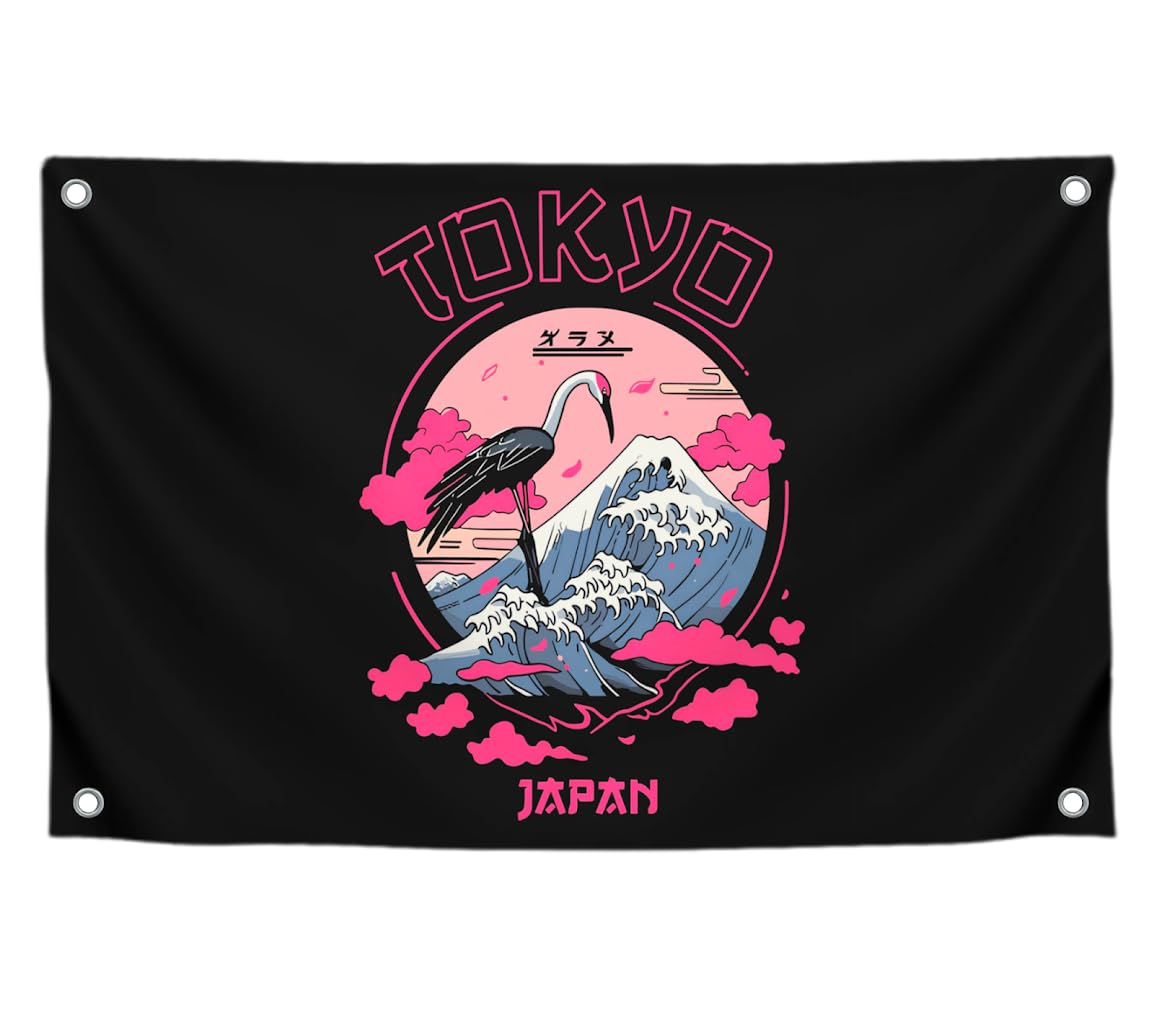 3x5 Ft Black and Pink Tokyo Polyester Flag with 4 Brass Grommets - Japan Design for Wall Decoration - Japan Country Flags - Banner with Image Crane Against the of Mountains - Cool Flags for Decor Home