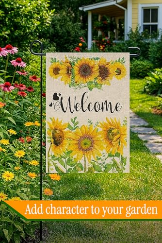 Double Sided Summer Garden Flag - Seasonal Large Outdoor Yard Flags of Burlap - Banner Welcome Summer or Spring - Outside Garden Yard Decorations - Welcome Flower Summer Outdoors Flag
