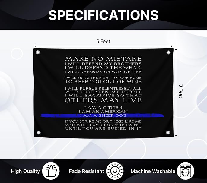3x5 Ft Thin Blue Line Polyester Flag with I am a Sheep Dog Quote with 4 Grommets - Enforcement Police Officer Deputy Sheriff Trooper Motiv Single Sided Flag - Motivational Wall Decorations for Room