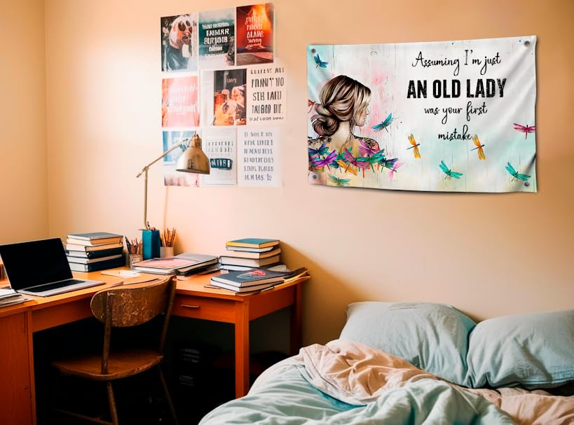 3x5 Ft Birthday Single Sided Polyester Flag "Assuming I'm Just An Old Lady Was Your First Mistake" with 4 Grommets - Funny Birthday Decor for Wall Living Room - Women Hippie Boho Banner for Badroom