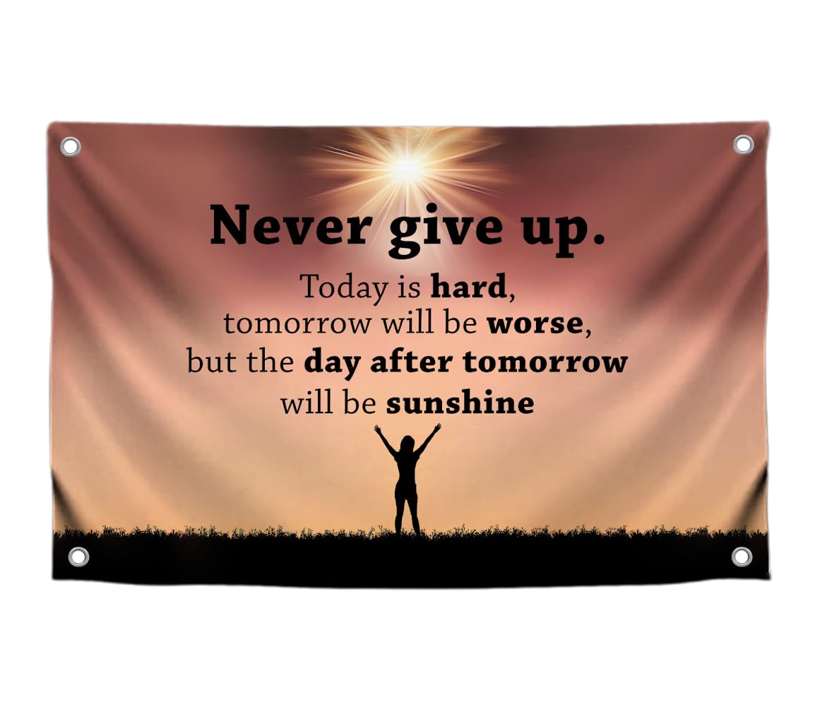 3x5 Feet Inspirational Quoted Polyester Flag Never Give Up with Four Brass Grommets - Inspirational Cool Poster for Room - Single Sided Quote Wall Flag Decoration - Motivational Positive Quotes