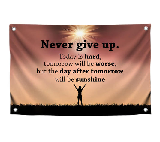 3x5 Feet Inspirational Quoted Polyester Flag Never Give Up with Four Brass Grommets - Inspirational Cool Poster for Room - Single Sided Quote Wall Flag Decoration - Motivational Positive Quotes
