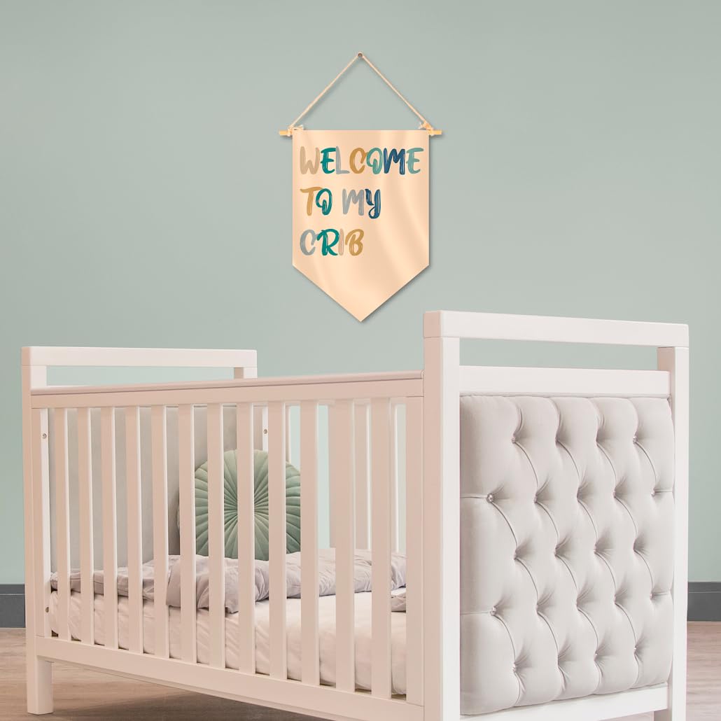 15.4"L x 11.1"W Hanging Pennant with Welcome to My Crib - Hanging Flag Wall Decor or Gift for Nursery Baby Kids Boy - Pennant Flag Wall Art Banner