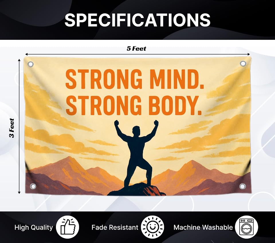 3x5 Feet Wall Flags with Quote Motivational "Strong Mind Strong Body" with Four Brass Grommets - Single Sided Cool Funny Banner for Gym Decor and College Room - Polyester Wall Tapestry for Office
