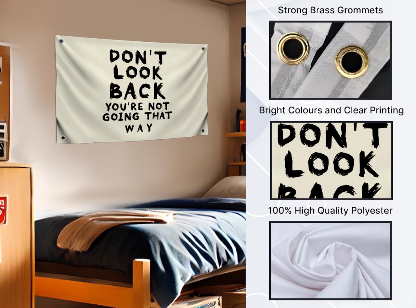 3x5 Feet Quoted Polyester Flag "Don't Look Back You're Not Going That Way" with Four Brass Grommets - Home or Office Wall Decoration for Women - Motivational Quote Flag for Wall Decoration