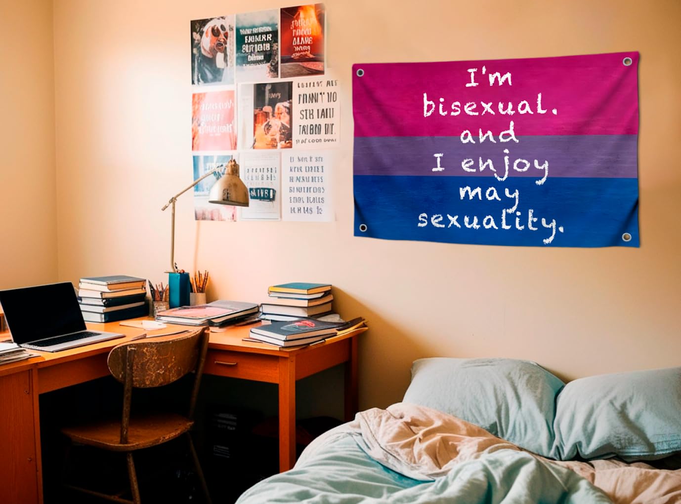 3x5 Feet LGBT Quoted Flag "I'm Bisexual and I Enjoy My Sexuality" with Four Brass Grommets - Tapestry Wall Flags for Decor College Room Guys - Polyester LGBT Banner for Decoration Student Bedroom