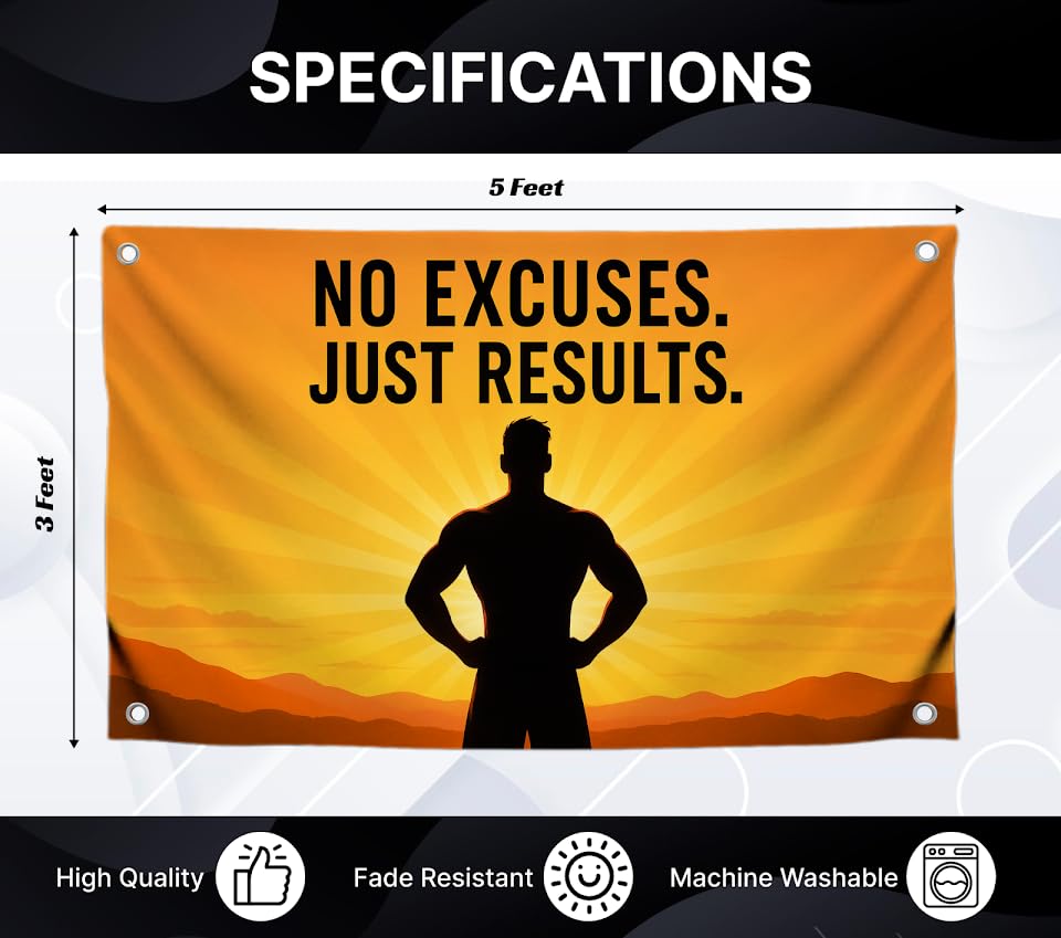 3x5 Feet Motivational Flags with Quote "No Excuses Just Results" with 4 Brass Grommets - Single Sided Cool Poster for Gym and Dorm Room College - Polyester Wall Tapestry Decoration for Gyus