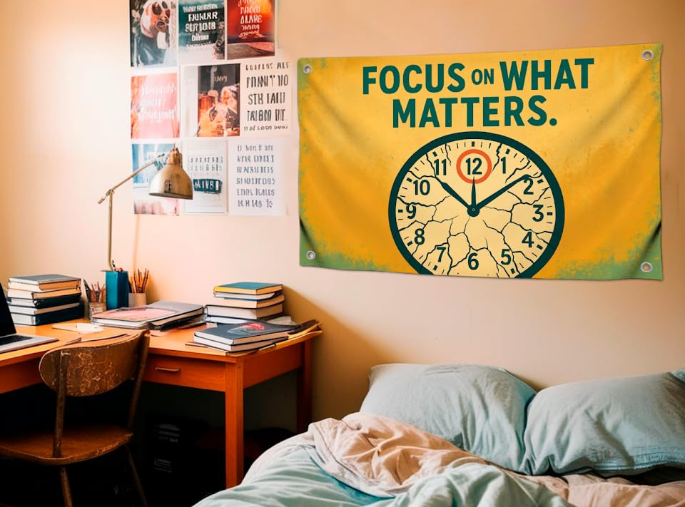 3x5 Ft Wall Flag Motivational with Image Clock Quote "Focus on What Matters" with 4 Brass Grommets - Single Sided Polyester Tapestry for College - Inspirational Banner for Office Gym or Home Decor