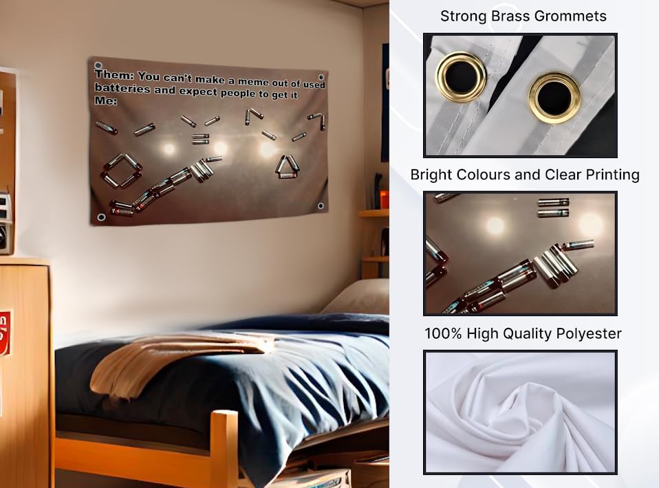 3x5 Feet Meme Batteries Flag with 4 Brass Grommets - Single Sided Polyester Funny Flags for Bedroom in the College Dorm Students - Cool Tapestry Motivational Banner for Room Living Decoration