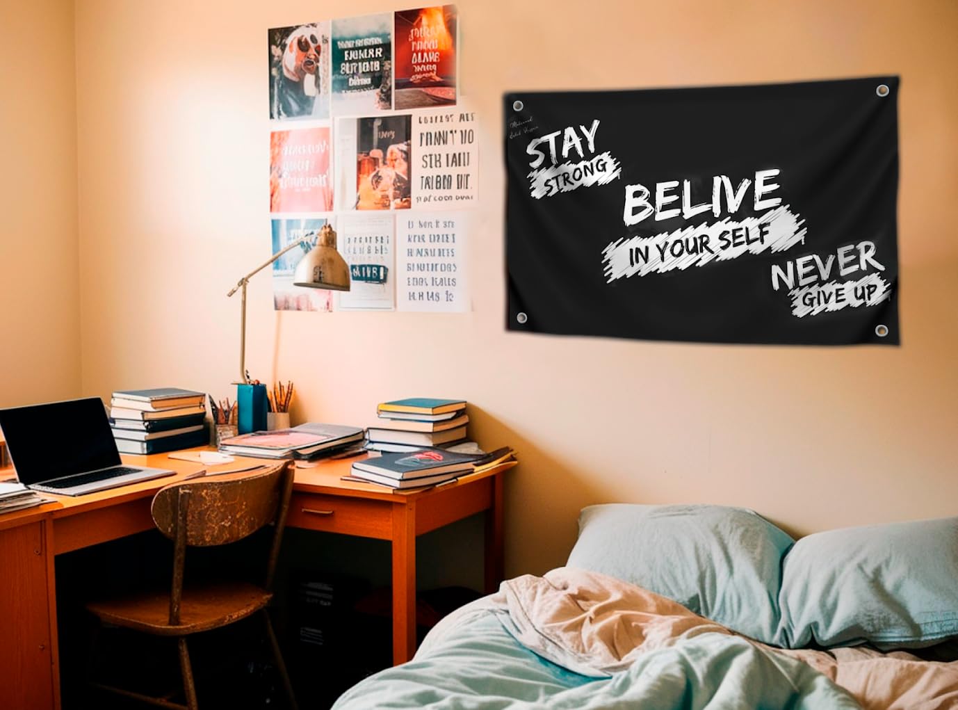 3x5 Feet Inspirational Quoted Polyester Flag "Stay Strong Belive In Your Self Never Give Up" with Four Brass Grommets - Motivational Wall Art for Bedroom Decoration - Gym Masculine Wall Decor for Men
