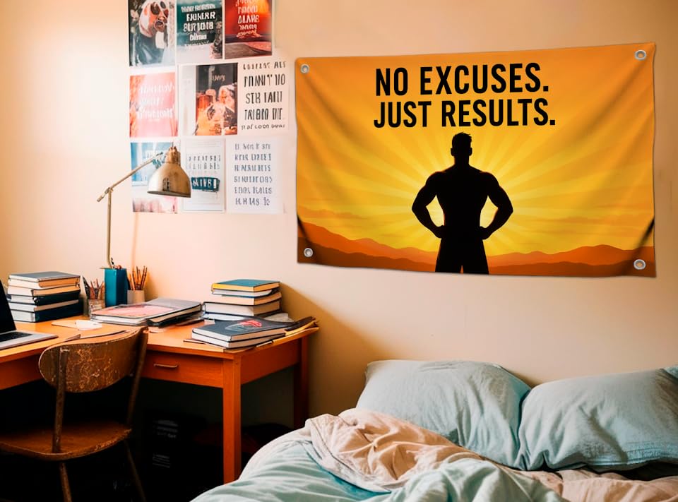 3x5 Feet Motivational Flags with Quote "No Excuses Just Results" with 4 Brass Grommets - Single Sided Cool Poster for Gym and Dorm Room College - Polyester Wall Tapestry Decoration for Gyus