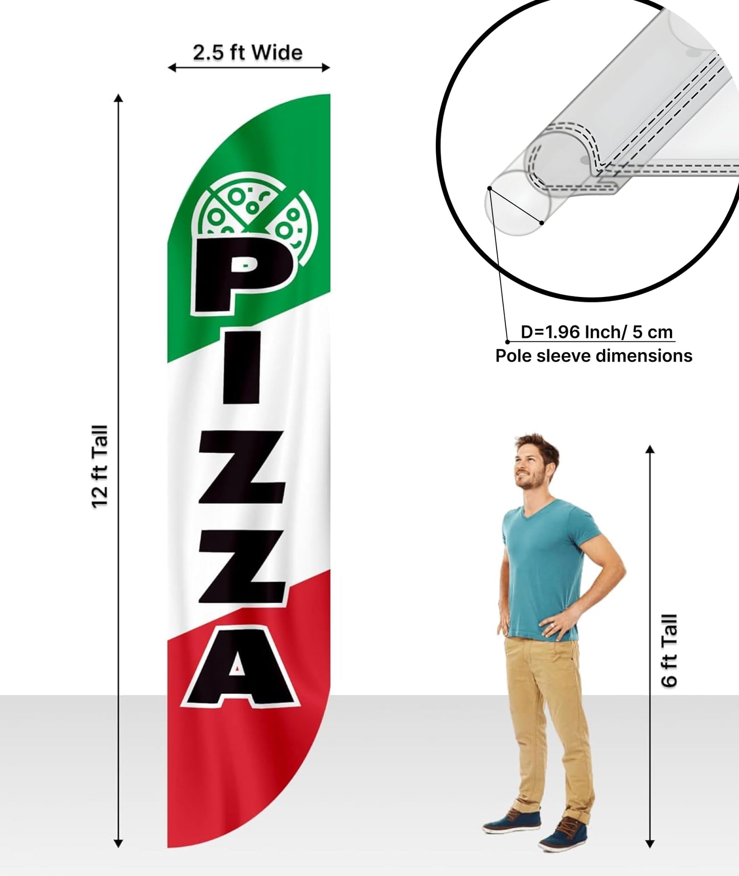 12x2.5 Feet Tall Feather Flags "Pizza" - Single Sided Food Themed Feather Banners - Tall Italy Advertising Flag for Outdoor Garden - Pizza Flags with Polyester - Flagpole is Not Included