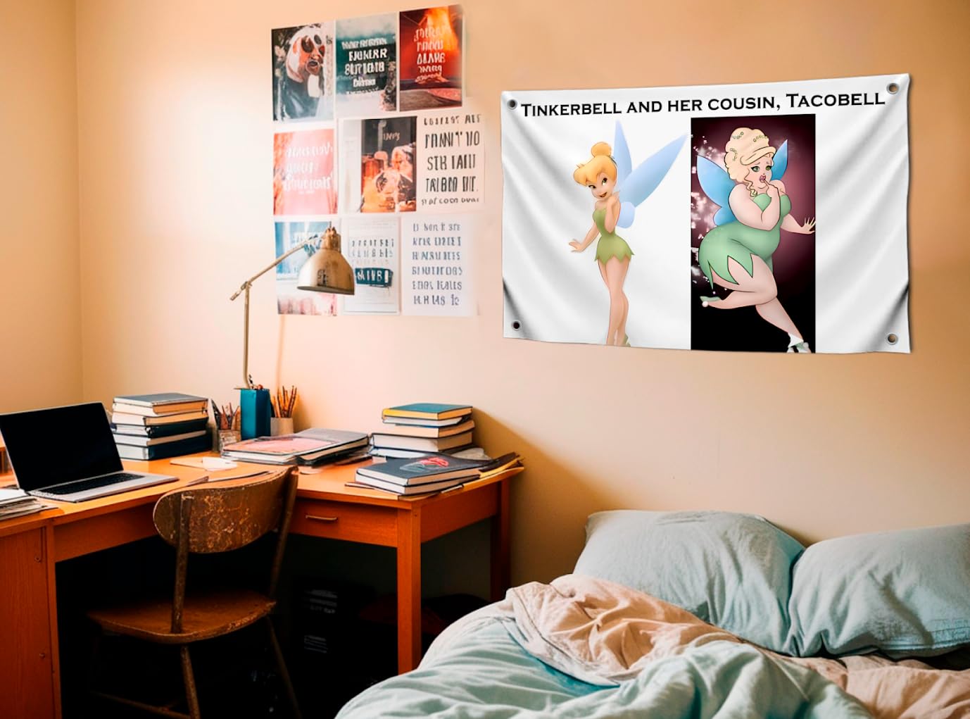 3x5 Feet Funny Fairy Quoted Flag "Tinkerbell and Her and Cousin, Tacobell" with Four Brass Grommets - Tapestry Polyester Funny Fairy Outdoor or Indoor Flag - Wall Decorations Meme Flag