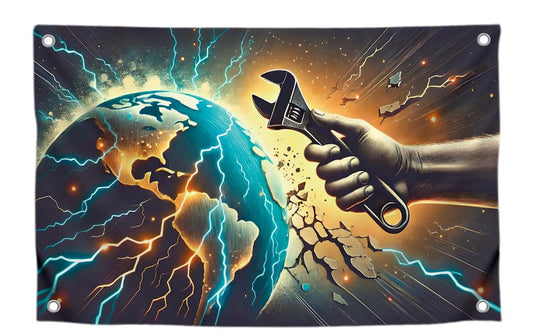 3x5 Feet Polyester Flags with 4 Brass Grommets - Fixing Everything for Wall Decoration - Single Sided Flag Illustration of a Tool and Earth for Indoor or Outdoor - Motivational and Unique Design