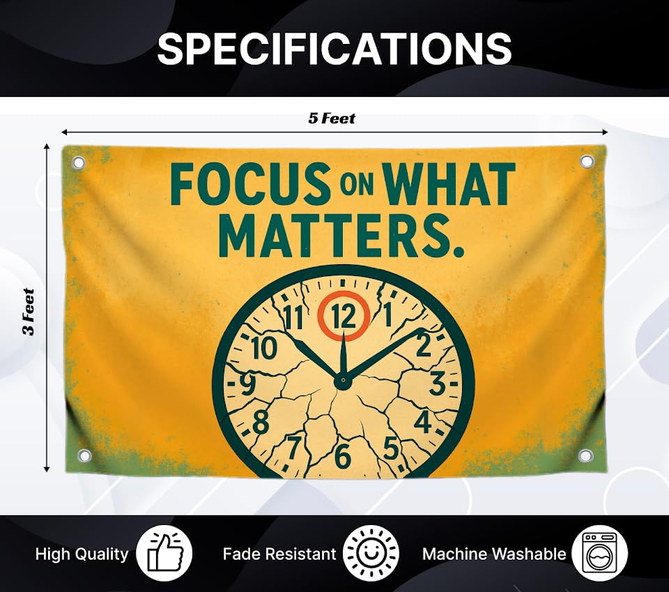 3x5 Ft Wall Flag Motivational with Image Clock Quote "Focus on What Matters" with 4 Brass Grommets - Single Sided Polyester Tapestry for College - Inspirational Banner for Office Gym or Home Decor