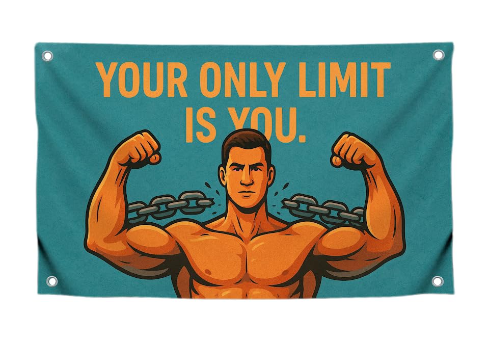 3x5 Feet Motivational Gym Flag with Quote "Your Only Limit Is You" with 4 Brass Grommets - Single Sided Cool Flags Image of Muscular Man Poster for Home Decor - Gym Wall Tapestry for Outdoor or Indoor
