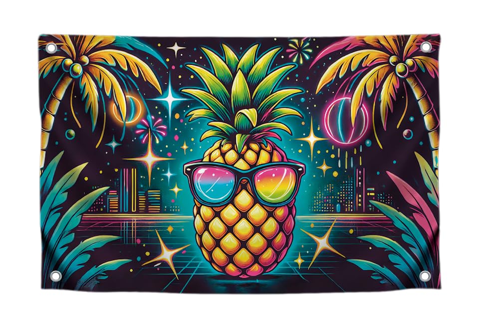 3x5 Feet Single Sided Flag with Four Brass Grommets - Neon Pineapple with Sunglasses - Tropical Night City Polyester Banner - Party Flag for Summer Vibes - Fun Poster for Beach Celebrations