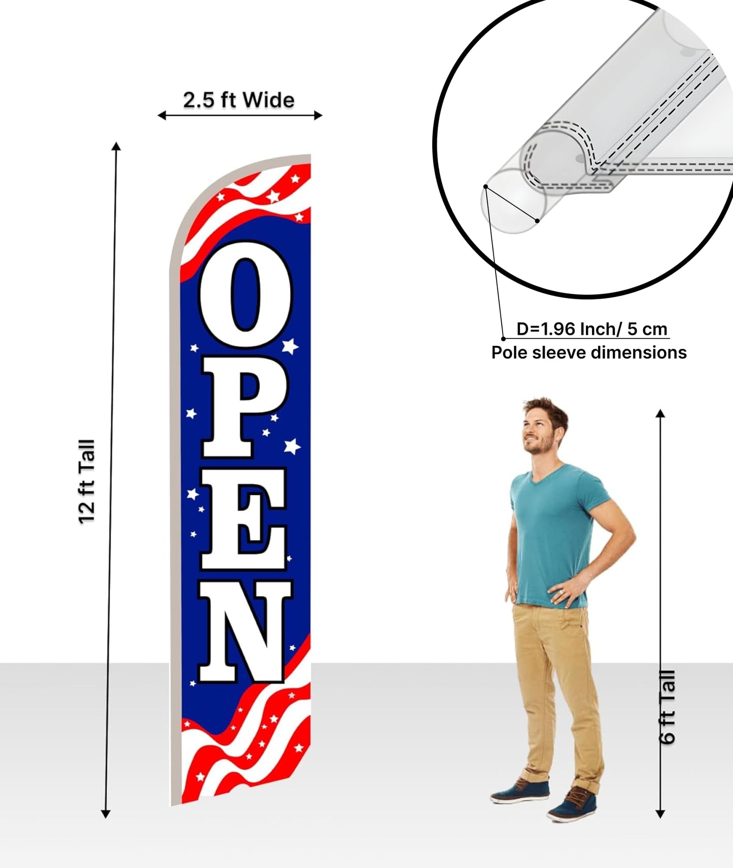 12x2.5 Feet Tall Feather Single Sided Flags "Open" - Feathers Banners Open Themed - Decorations Glory Stars Stripes Banner - OpenPolyester Flag Banner for Storefronts - Flagpole is Not Included