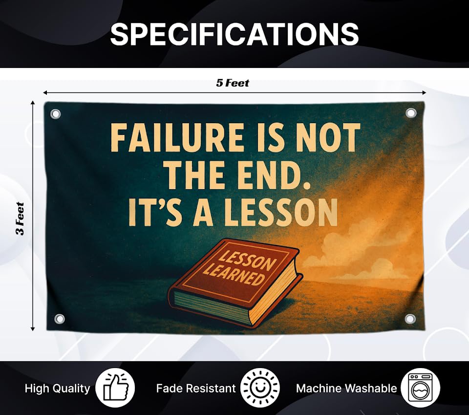 3x5 Feet Motivational Wall Flag with Quote "Failure Is Not the End It’s a Lesson" with 4 Brass Grommets - Single Sided Polyester Tapestry for Bedroom - Motivation Banners for Room Decor Office and Gym