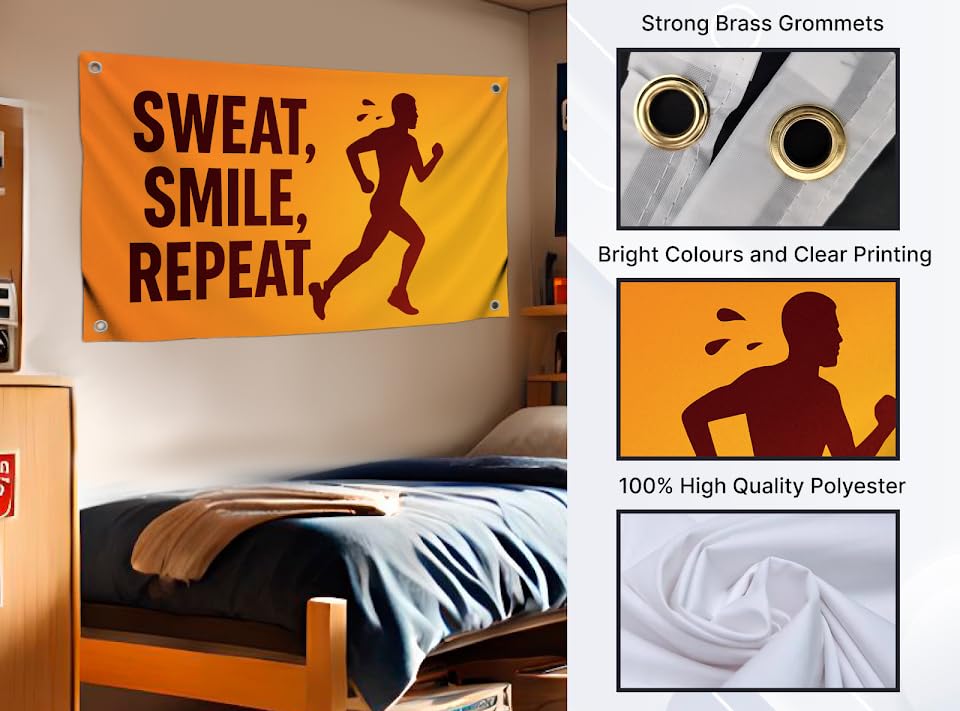 3x5 Feet Cool Flag with Quote Motivational "Sweat Smile Repeat" with Four Brass Grommets - Single Sided Wall Flags Banner for Gym Decor and College Room - Polyester Cool Wall Tapestry for Man Cave