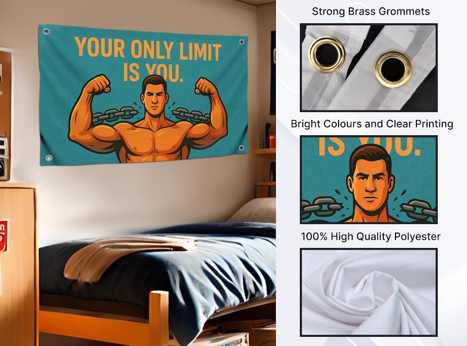3x5 Feet Motivational Gym Flag with Quote "Your Only Limit Is You" with 4 Brass Grommets - Single Sided Cool Flags Image of Muscular Man Poster for Home Decor - Gym Wall Tapestry for Outdoor or Indoor
