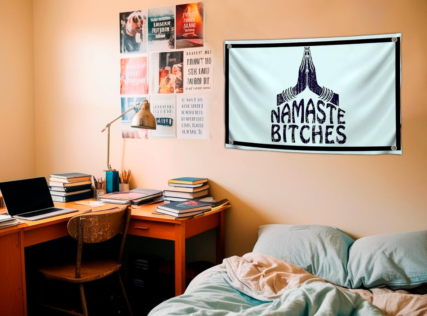 3x5 Feet Humorous Quote Flag "Namaste Bitches" with Four Brass Grommets - Handwritten Decorative Drawn Symbols Yard Outdoor - Decadence Banner for Patio Lawn or Home Decoration