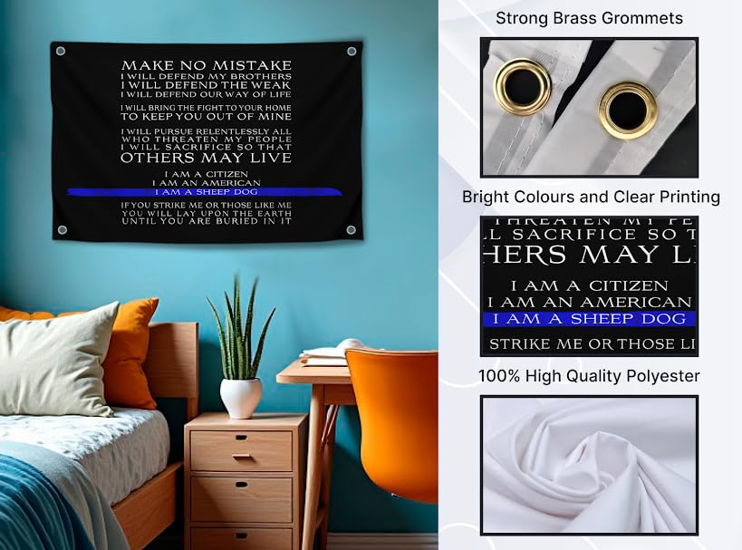 3x5 Ft Thin Blue Line Polyester Flag with I am a Sheep Dog Quote with 4 Grommets - Enforcement Police Officer Deputy Sheriff Trooper Motiv Single Sided Flag - Motivational Wall Decorations for Room