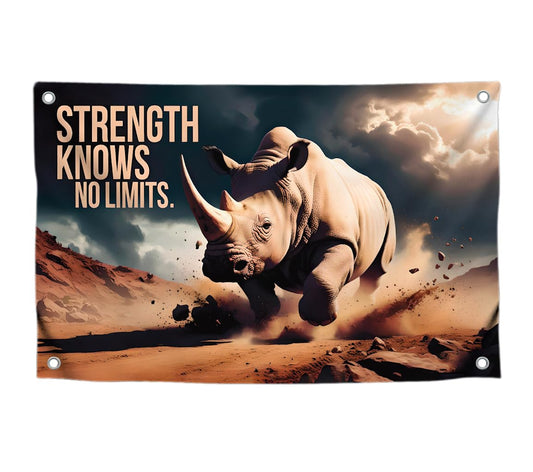 3x5 Feet Motivation Quote Polyester Flag "Strength Knows No Limit" with Four Brass Grommets - Rhinoceros Inspirational Banner for Men and Women - Motivational Gym Banner for Wall Decoration