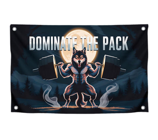 3x5 Feet Motivation Wolf Flag "Dominate The Pack" with Four Brass Grommets - Inspirational Banner with Cool Motivation - Motivational Gym Banner for Wall Decoration - Polyester Decor for Gym