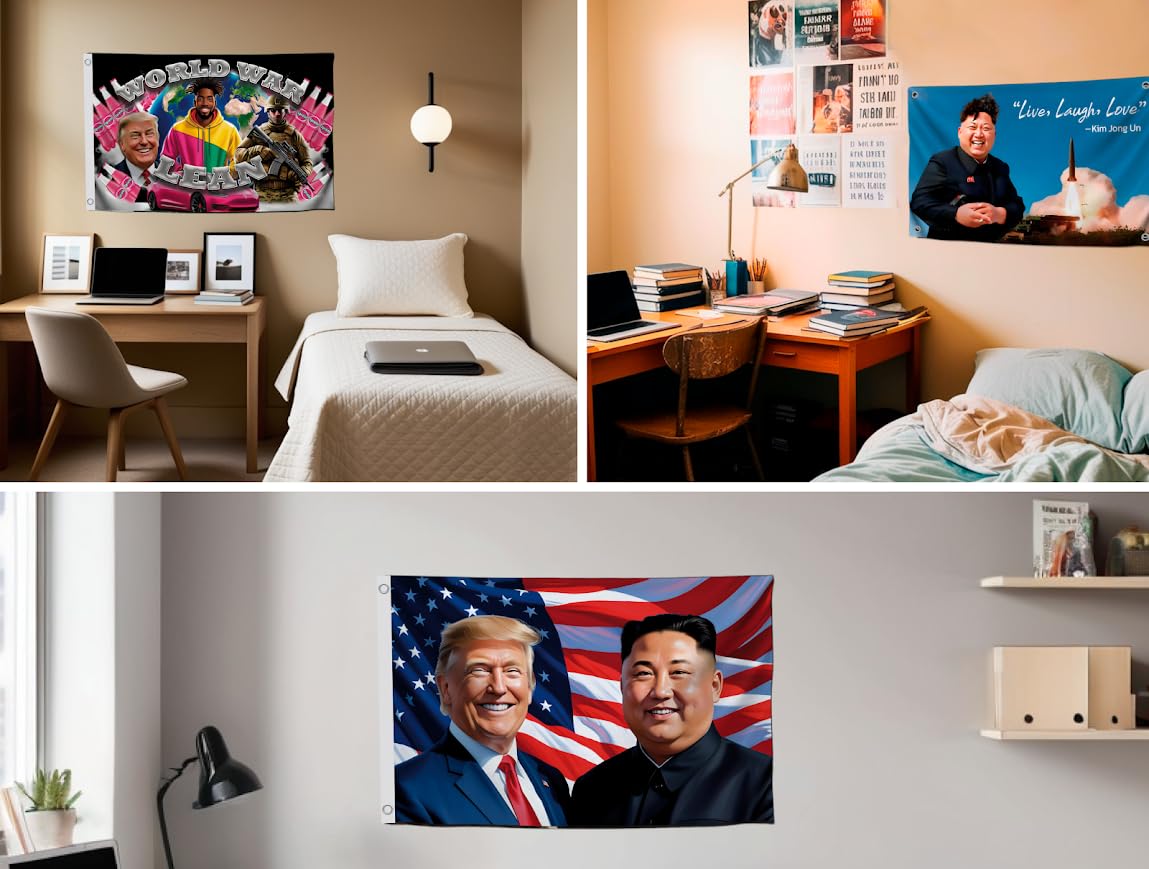 3X Tapestry Funny Polyester Flags 3x5 Feet with Two/Four Brass Grommets - Live Love Laugh Kim Jong Flags - World War Lean Banner - American President Political Banner - Great Indoor or Outdoor Decor