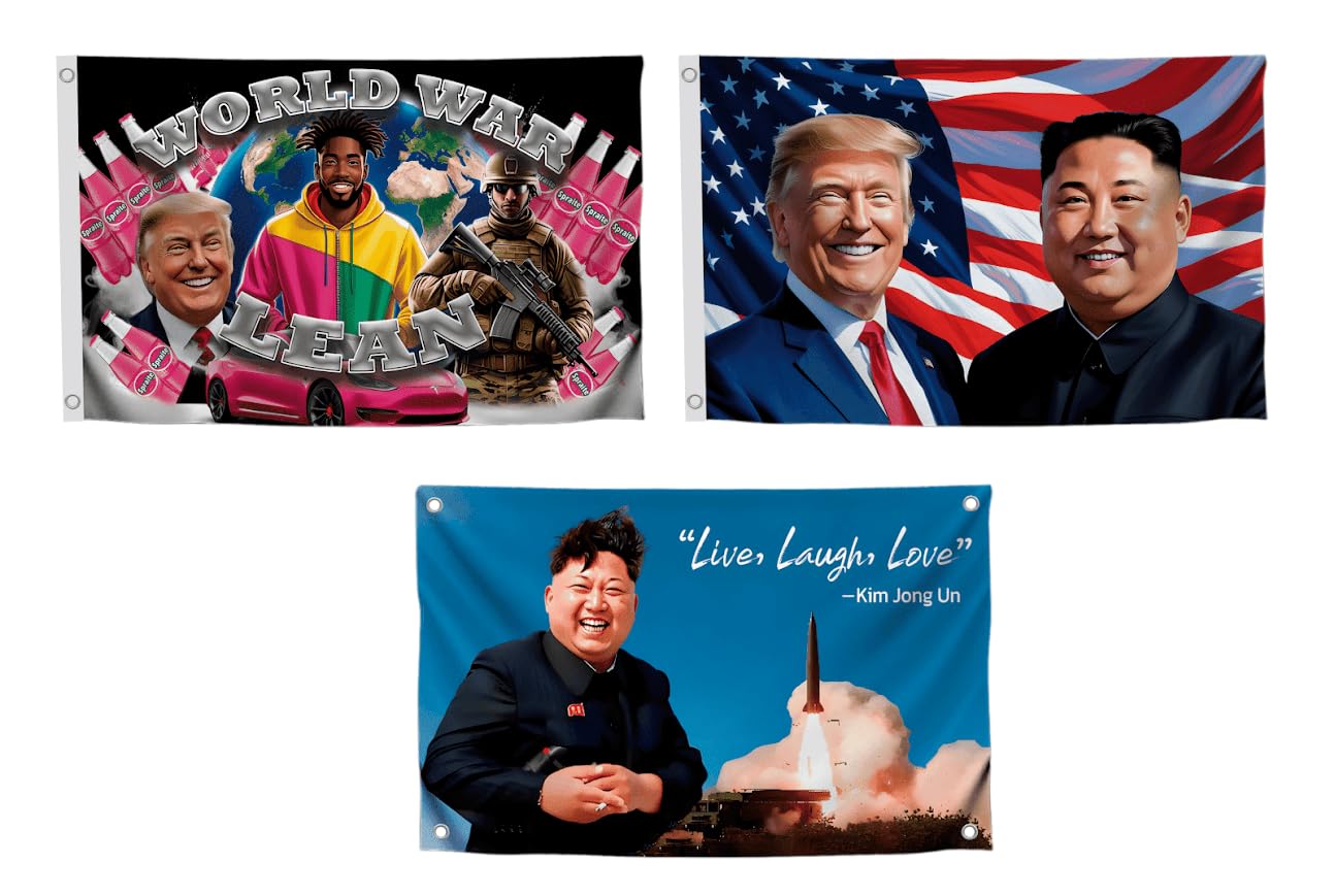 3X Tapestry Funny Polyester Flags 3x5 Feet with Two/Four Brass Grommets - Live Love Laugh Kim Jong Flags - World War Lean Banner - American President Political Banner - Great Indoor or Outdoor Decor