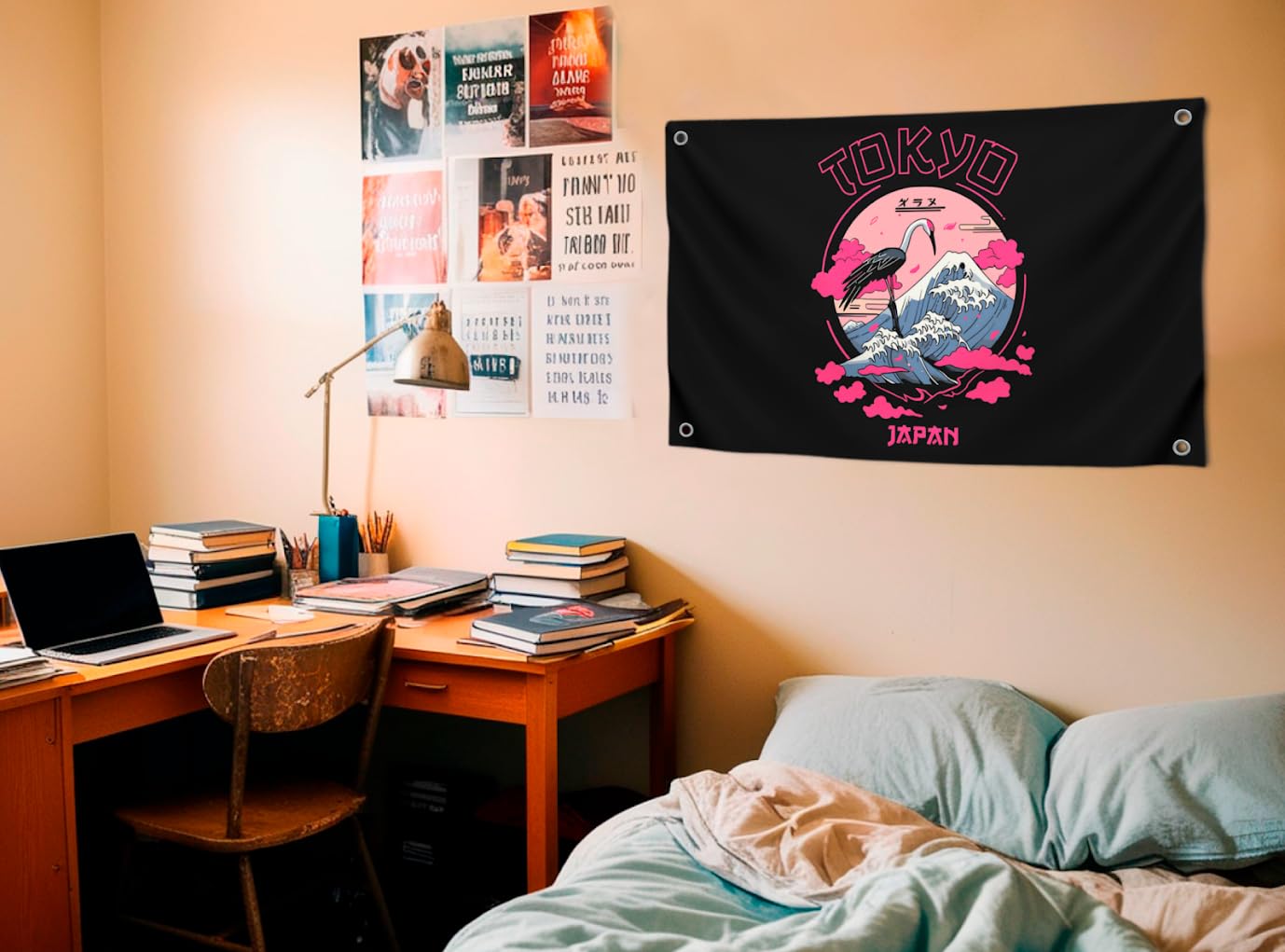 3x5 Ft Black and Pink Tokyo Polyester Flag with 4 Brass Grommets - Japan Design for Wall Decoration - Japan Country Flags - Banner with Image Crane Against the of Mountains - Cool Flags for Decor Home