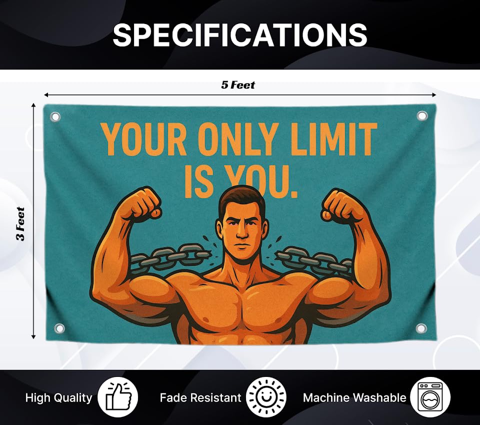 3x5 Feet Motivational Gym Flag with Quote "Your Only Limit Is You" with 4 Brass Grommets - Single Sided Cool Flags Image of Muscular Man Poster for Home Decor - Gym Wall Tapestry for Outdoor or Indoor