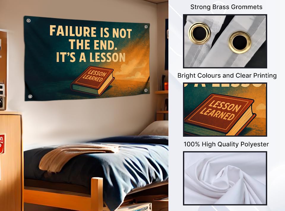 3x5 Feet Motivational Wall Flag with Quote "Failure Is Not the End It’s a Lesson" with 4 Brass Grommets - Single Sided Polyester Tapestry for Bedroom - Motivation Banners for Room Decor Office and Gym