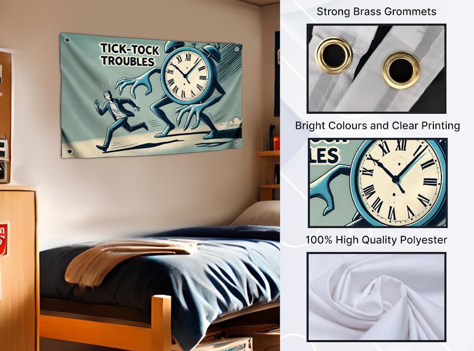 3x5 Feet Polyester Flag with Quote with 4 Brass Grommets - Clock Flag Tick-Tock Troubles - Motivational Tapestry for Those Who are Often Late - Funny Blue Single Sided Banner with Big Alarm Clock